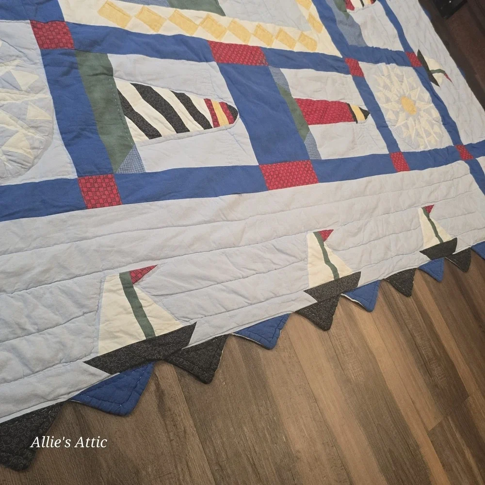 Nautical Blanket Quilt Lighthouse Beach Boat Blue Red Black Queen Size Duvet